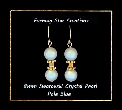8mm Swarovski Crystal Pearls with Gold-filled Hooks. Pale Blue. $50